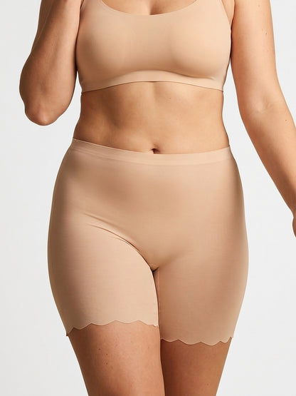 LivCalm™ Ice Silk Anti-Chafe Shorts — on-model front, Warm Sand