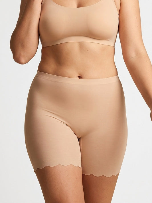 LivCalm™ Ice Silk Anti-Chafe Shorts — on-model front, Warm Sand