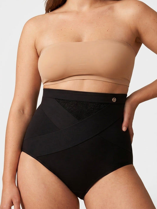LivForme™ High-Waisted X-Cross Shaping Brief — on-model front, Black