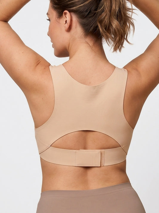 LivForme™ Cross-Back Posture Support Bra — on-model back showing posture support band, Beige