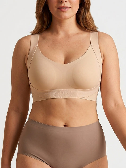 LivForme™ Cross-Back Posture Support Bra — on-model front, Beige